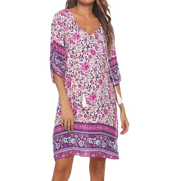 halife Dresses & Skirts - HALIFE WOMEN’S ETHNIC STYLE PRINTED TASSEL TIE NECK LOOSE FIT BOHEMIAN D…